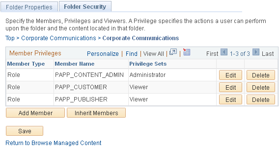 Folder Securities page