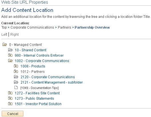 Add Content Location page