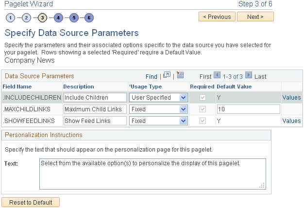 Pagelet Wizard - Specify Data Source Parameters page (folder data source)