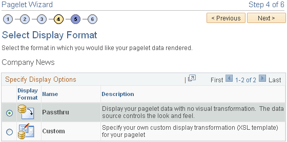 Pagelet Wizard - Select Display Format page with a content item selected in the Pagelet Wizard - Select Data Source page