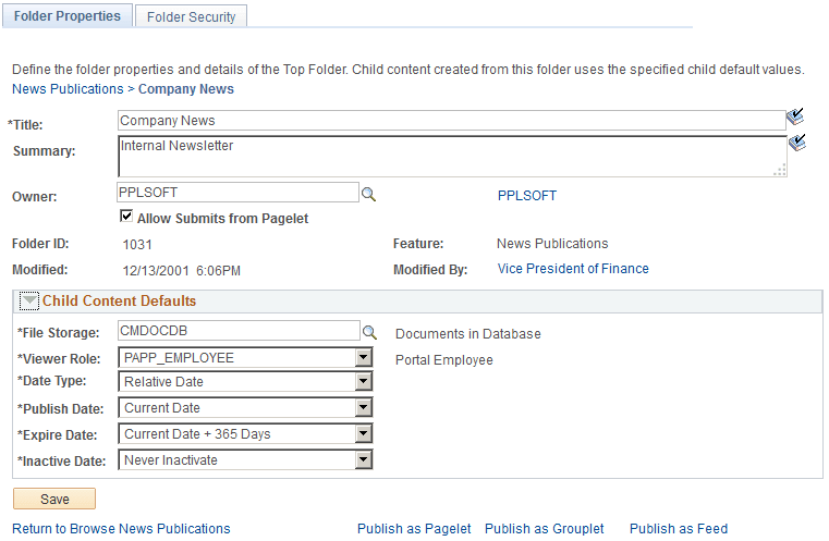 Folder Properties page: News publications page