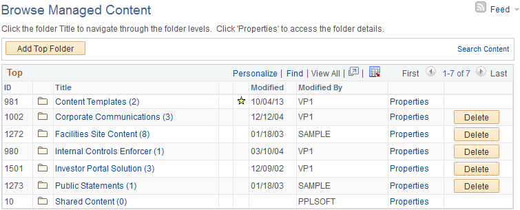 Example of a top-level Browse Managed Content page