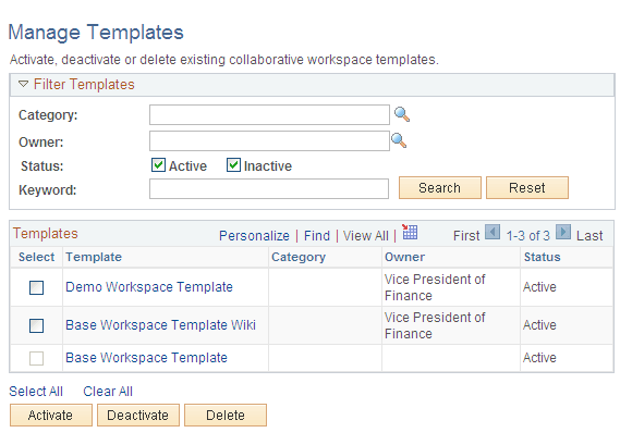 Manage Templates page