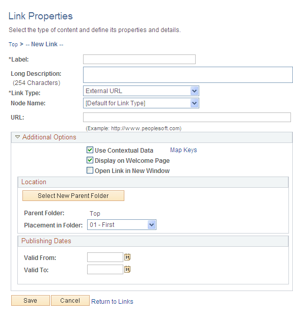 Link Properties page