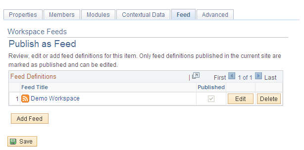 Publish as Feed page (Workspace Feeds)