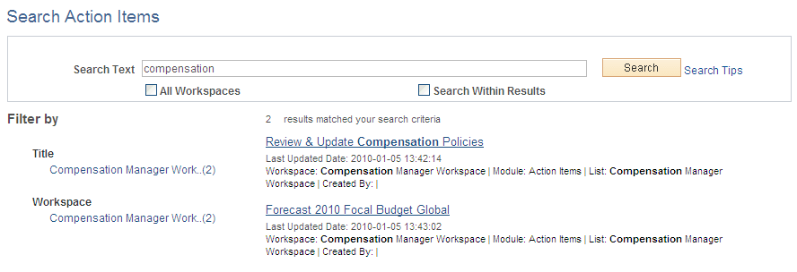 Search Action Items page