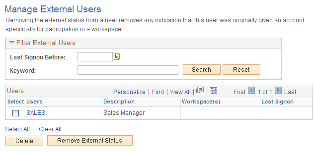 Manage External Users page