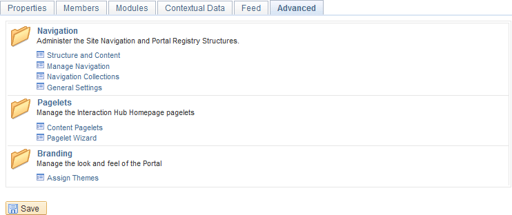 Administration - Advanced page (workspace instance)