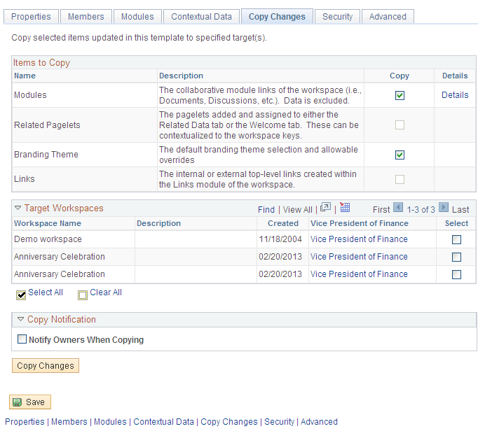 Administration - Copy Changes page