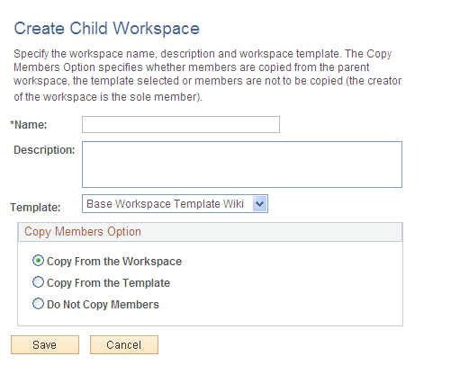 Create Child Workspace page