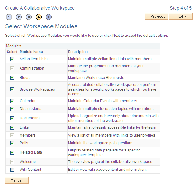 Select Workspace Modules page