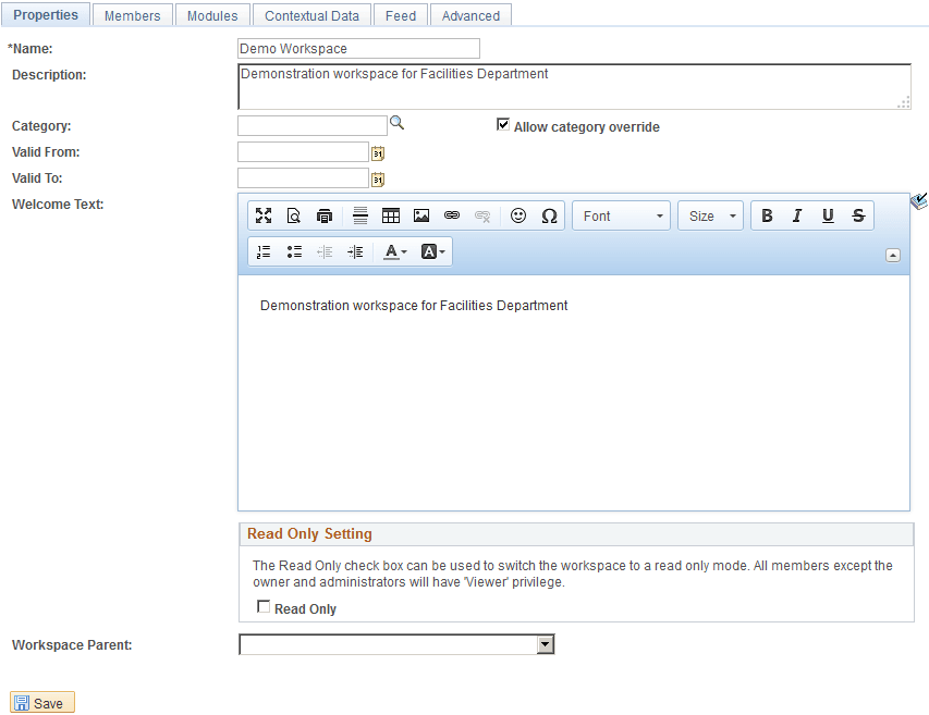 Administration - Properties page (workspace instance)