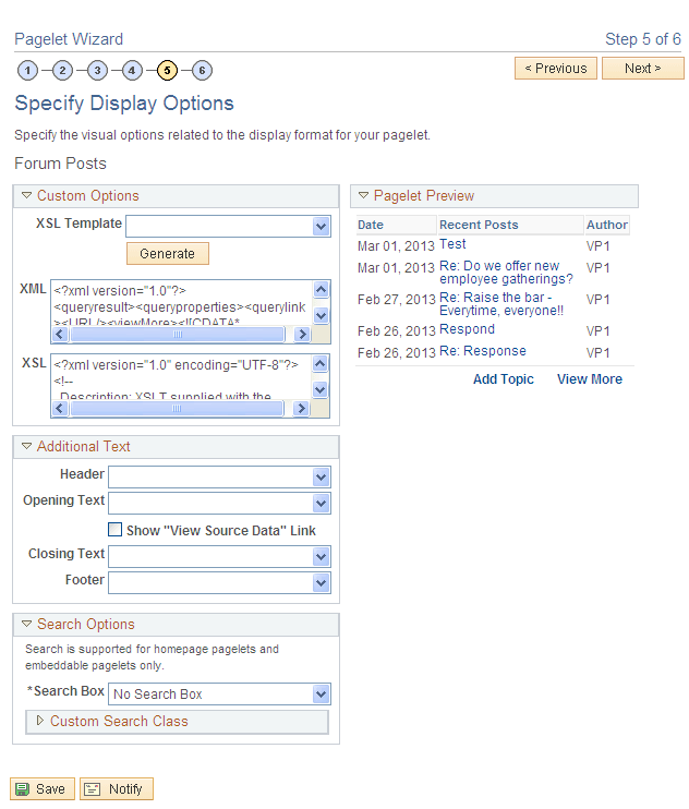 Pagelet Wizard - Specify Display Options page (Forum Posts data type)