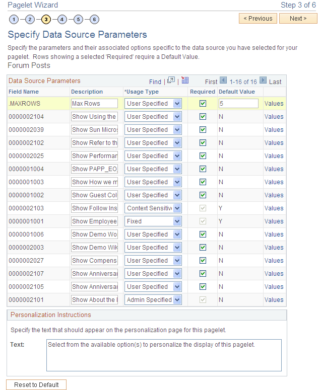 Pagelet Wizard - Specify Data Source Parameters (Forum Posts data type)