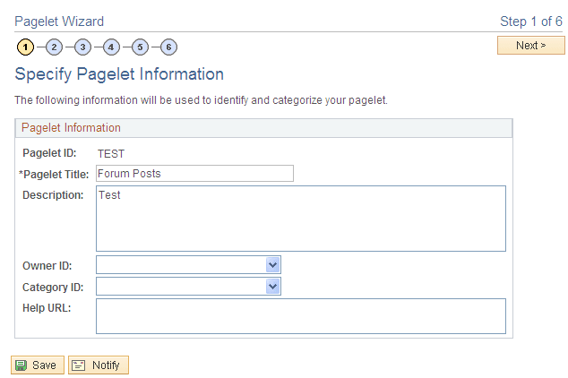 Pagelet Wizard - Specify Pagelet Information page (Forum Posts data type)