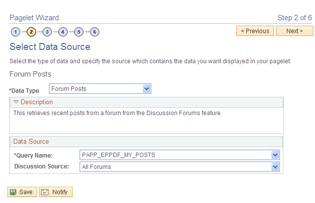 Pagelet Wizard - Select Data Source page (Forum Posts data type)