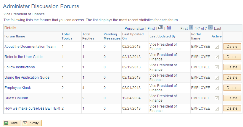 Administer Discussion Forums page