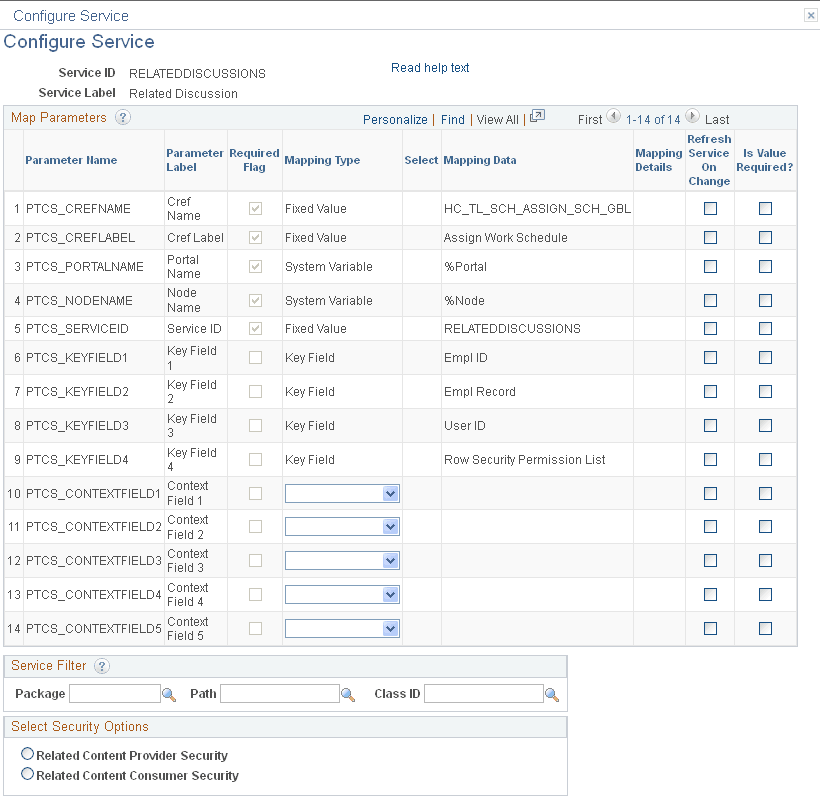 Configure Service page (Related Discussion service)