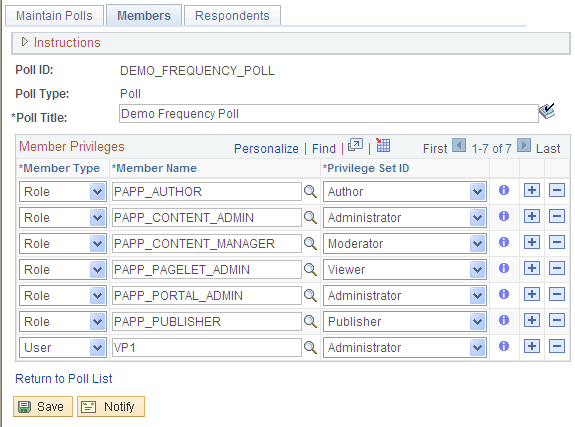 Maintain Polls page- Members tab
