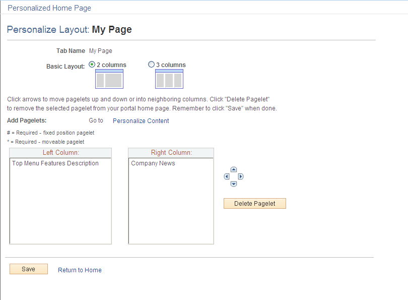 Personalize Layout page (My Page tab)
