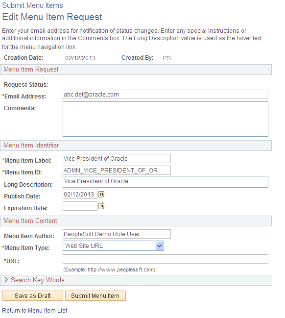 Edit Menu Item Request page