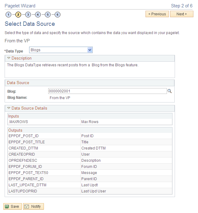 Pagelet Wizard - Select Data Source page (blogs data type)