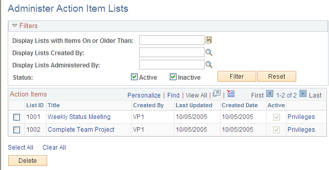 Administer Action Item Lists page