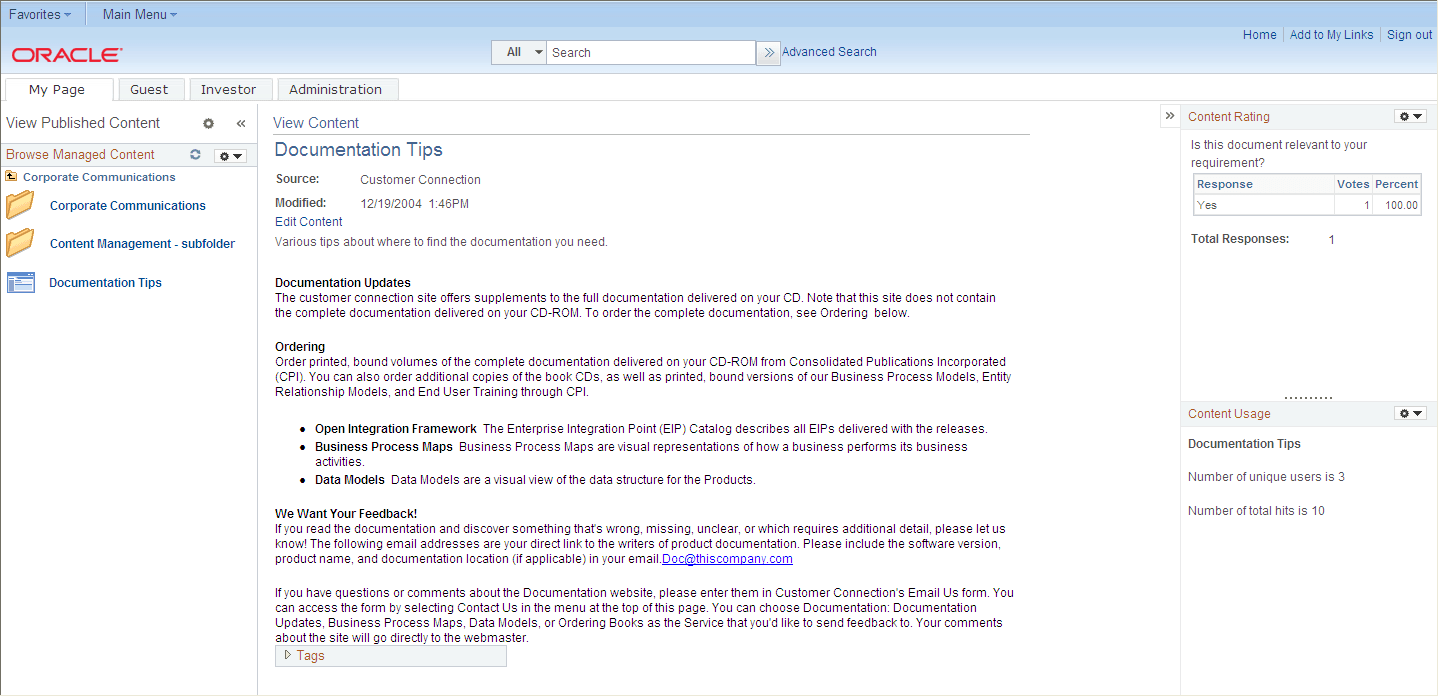 Content WorkCenter displaying the Content Rating pagelet