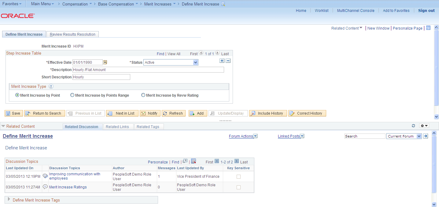 Define Merit Increases page with the Related Discussion service in the Related Content frame