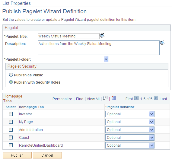 List Properties - Publish Pagelet Wizard Definition page