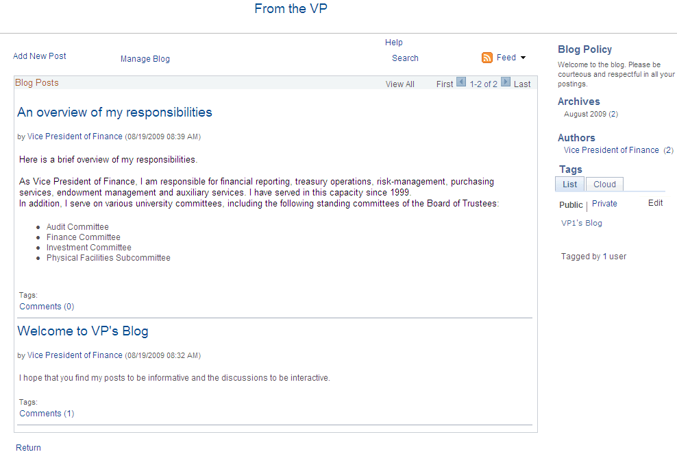 <><Blog Title> homepage (administrator view)