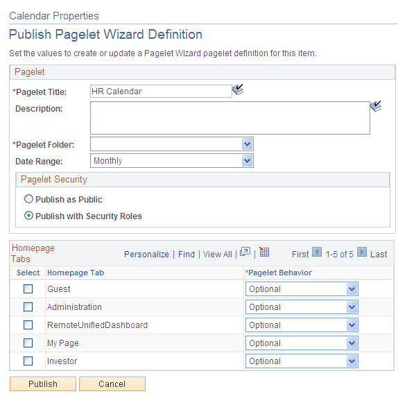 Calendar Properties - Publish Pagelet Wizard Definition page