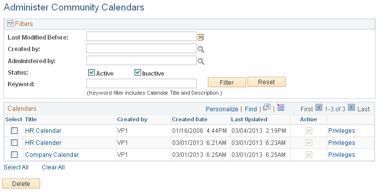 Administer Community Calendars page