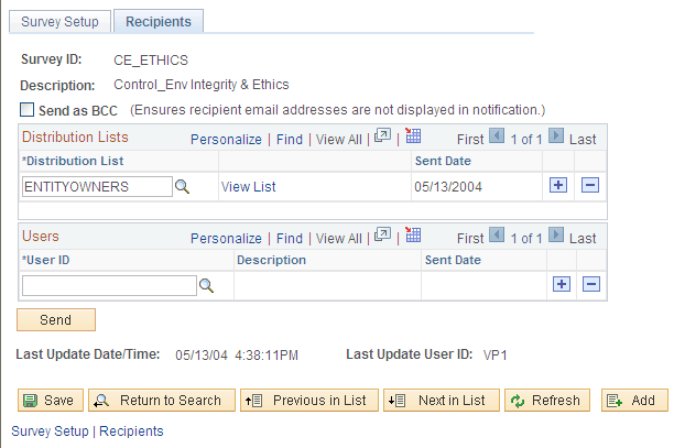 Survey Setup - Recipients page