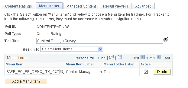 Maintain Content Ratings - Menu Items page