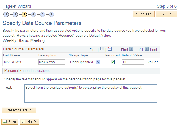 Pagelet Wizard - Specify Data Source Parameters page (action items data source)