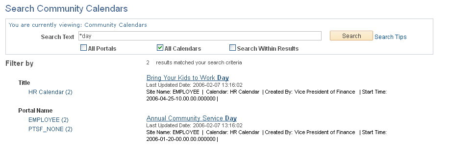 Search Community Calendars page