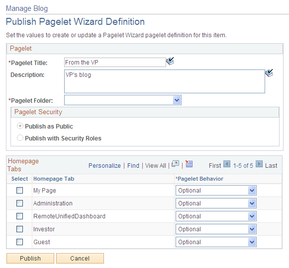 Manage Blog - Publish Pagelet Wizard Definition page
