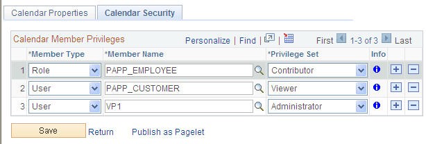 Calendar Security page