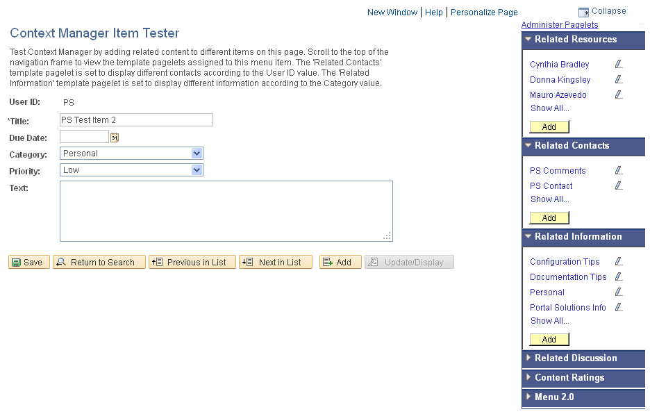 Context Manager Item Tester page