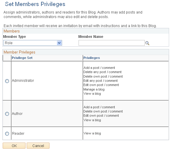 Set Members Privileges page