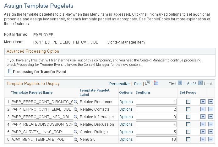 Assign Template Pagelets page