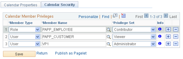 Calendar Security page