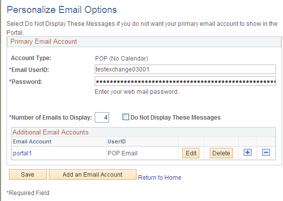 Personalize Email Options page