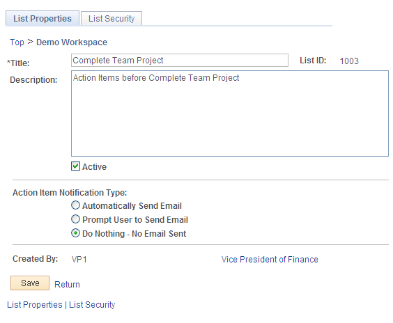 List Properties page