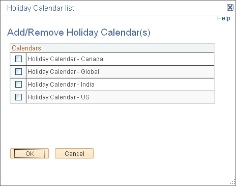 Add/Remove Holiday Calendars page