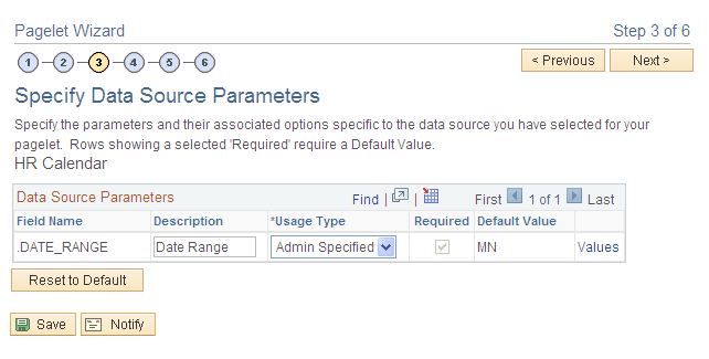 Pagelet Wizard - Specify Data Source Parameters page (community calendars data source)