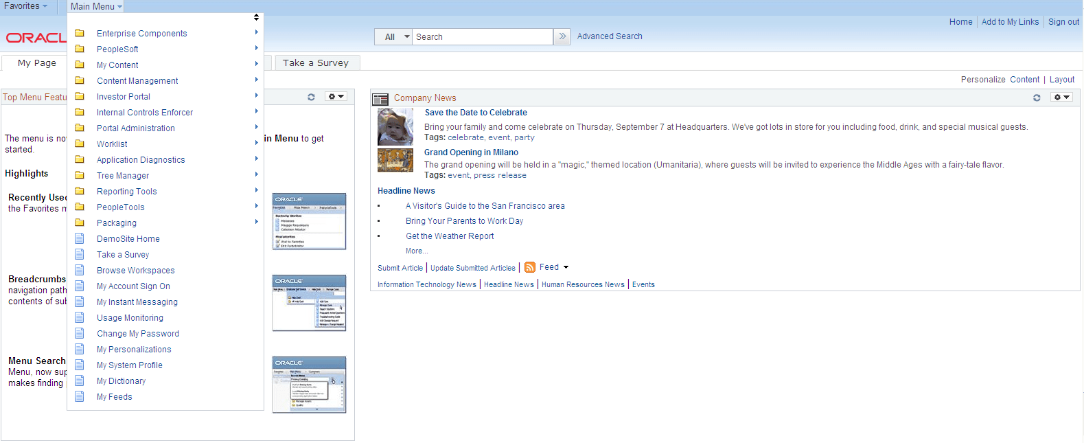 PeopleSoft Interaction Hub homepage