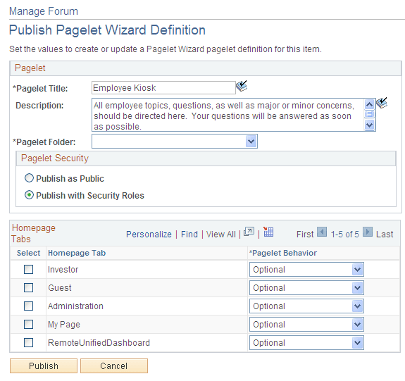 Manage Forum - Publish Pagelet Wizard Definition page