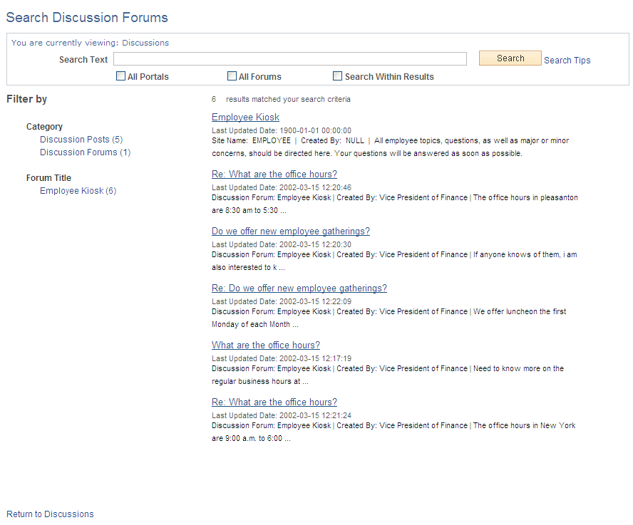 Search Discussion Forums page